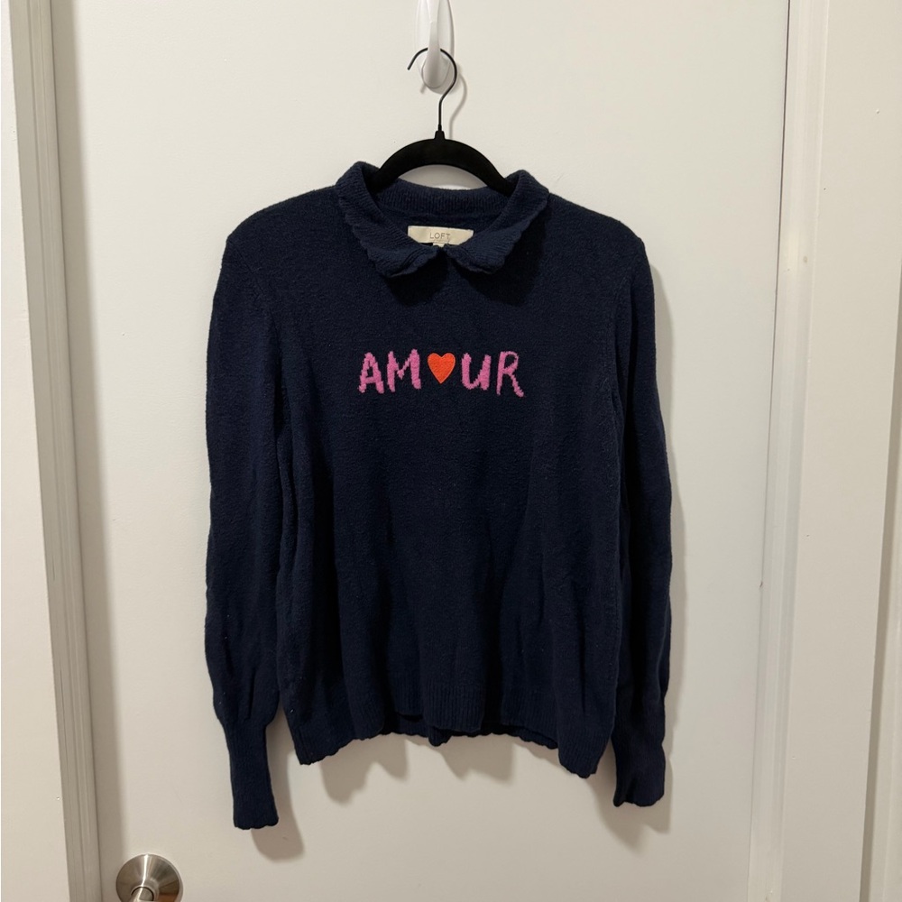 LOFT Navy Sweater with Pink 'AMOUR' Lettering and Orange Heart